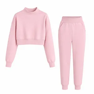 100% Polyester Mock Neck Cropped Top & Jogger Pants Two‑Piece Casual Tracksuit thumbnail-2