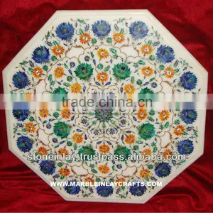 Indian Handcrafted White Marble Inlay Table Top Pietra Dura thumbnail-1