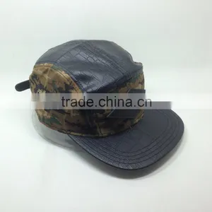 High Quality Flat Brim Black Leather 5 Panel Hat With Label thumbnail-4