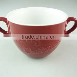 Stock Cheap Red Color Ceramic Soup Cup With Two Handles thumbnail-2
