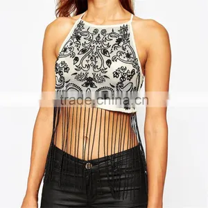 Sexy Net Tops for Girls Contrast Embroidery Embellished Fringing Crop Top HST3397 thumbnail-3