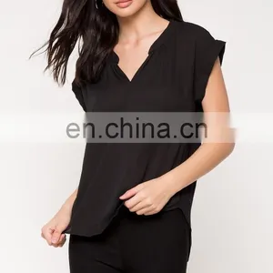 Wholesale Blank Split Neck Short Sleeve Black t Shirts for Women thumbnail-5
