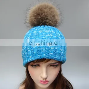 New Product Colorful Knit Hats Wholesale Fancy Raccoon Fur Ball Women Floppy Hat thumbnail-2