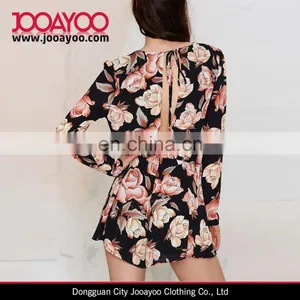 Women Floral Print Romper Suits Long Sleeve Rose Print Jumpsuit Short thumbnail-2