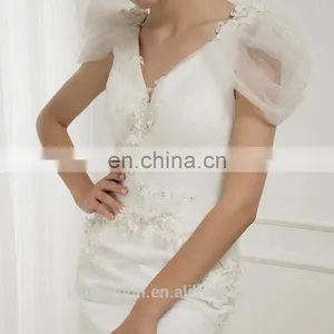 EB2905 Dropped Scoop Cap Sleeve V-neck Diagonal Pleat Criss-cross Sheath Mermaid Wedding Dress thumbnail-3