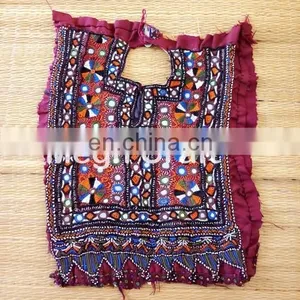 Indian Banjara Mirror Work Beaded Neck Yock Patches- Vintage Mirror Work Dress Piece Patches thumbnail-3