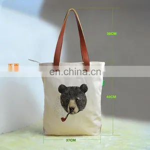 1 Pcs Custom Printed 16oz Cotton Canvas Tote Bag Lether Handles thumbnail-5