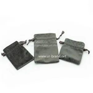 Custom Logo Printed Drawstring Cosmetic Packaging Velvet Bag Gray Jewelry Pouch For Bracelet / Necklace thumbnail-2