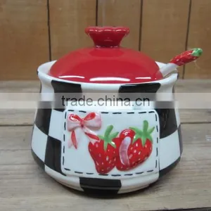 New Strawberry Emboss Ceramic Sugar Pot With Spoon thumbnail-1
