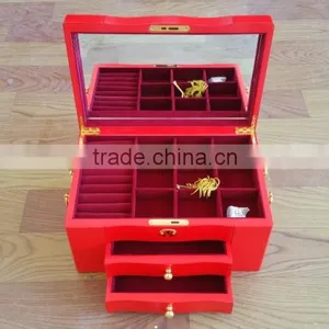 Red 3 Layer Wood Jewelry Box With Key Lock thumbnail-1