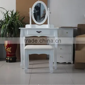 Bedroom Wooden Dressing Table Set, Wooden Dresser With Mirror and Stool thumbnail-1