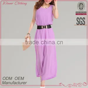 High Quality New Fashion Ladies Chiffon Loose Fit Sleeveless Capris Custom Made Jumpsuit With Leather Belt thumbnail-1