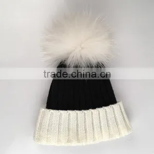 Myfur Bi-Color Black/White Genuine Raccoon Fur Pom Puff Wool Acrylic Ladies Beanie thumbnail-2