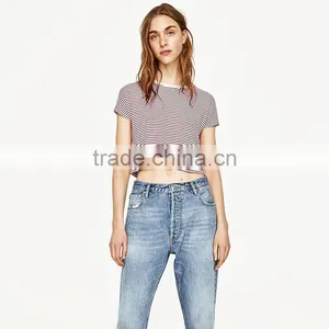 2017 Round Neck Short Sleeves Striped T-shirt Women Sexy Midriff Tank Tops thumbnail-2