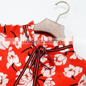Wholesale Custom Long Sleeve Silk Blouse Printing Red Floral High-necked Daily Top for Ladies Summer Blouse thumbnail-2