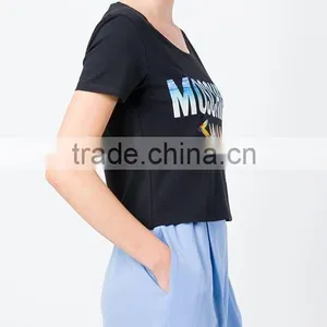 Custom Short Sleeve Cotton Black Printed T-Shirts For Women,Top Quality Silk Printing Womens Black T-Shirts Clothes thumbnail-5