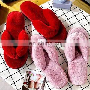 Wholesale Comfortable Soft Solid Colors Fashionable Sandals Fur Slides Rabbit Fur Furry Slippers for Women thumbnail-6