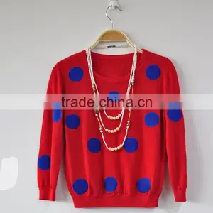 Red Lady Dots Embroidery Knitted Sweater O-Neck Women Sweaters thumbnail-1