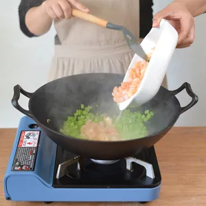 Chinese Traditional Black Round Pre-flavored Non Stick Pan 32/36cm Thickened Flat Cast Iron Wok With Double Handle thumbnail-4