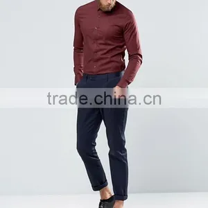 Guangzhou High Quality Custom Long Sleeve Point Collar Mens 97% Cotton 3% Elastane Casual Slim Fit Plum Solid Shirts thumbnail-4
