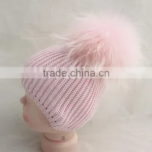 Myfur Baby Pink Raccoon Fur Pom Pom Knitting Hat With Raccoon Fur Bobble thumbnail-1