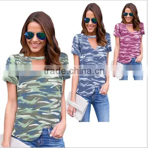 Fashion Camouflage Round Collar Short Sleeve Sexy Hollow Out thumbnail-1