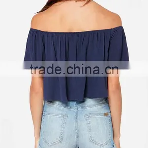 2017 Wholesale Womens Custom off Shoulder Ruffle Top Solid Color thumbnail-6