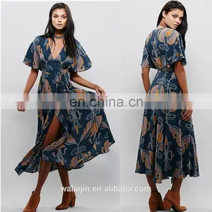 High Quality Deep v Neck Maxi Wrap Dress Lady, Long Print Wrap Dress thumbnail-1