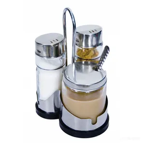 Glass Salt Pepper Mustard Condiment Set With Stainless Steel Rack thumbnail-1