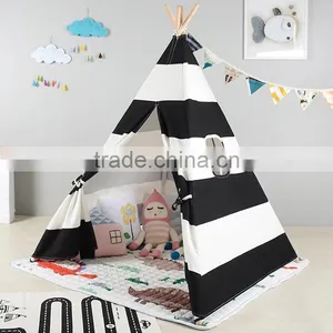 Cotton Canvas Wooden Pole Black Striped Kids Teepee Tent thumbnail-1