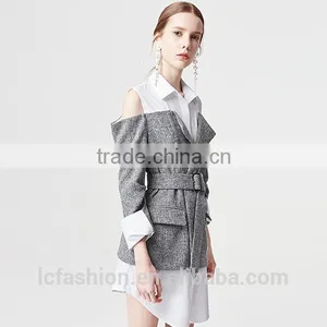 2017 New Design Cold Shoulder Long Sleeve Fake 2 Piece Shirt thumbnail-4
