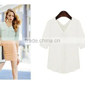New Design 2 Colors Choice V Neck Short Sleeve Plus Size Women Chiffon Fabric Shirt thumbnail-2