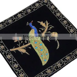 Black Decorative Peacock Pillowcase Dabka Handmade Couch Velvet Ethnic Cushion thumbnail-1
