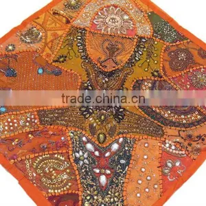 Orange Lounge Decor Pillow Indian Style Big Square Floor Ethnic Sari Cushion thumbnail-1
