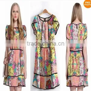 Hot European Style Round-Collar Floral Print Chiffon Dress thumbnail-1