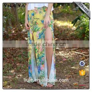 Yellow Floral Women Maxi Hawaiian Skirt With Slits thumbnail-2