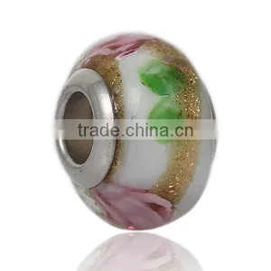 Lampwork Glass European Style Large Hole Beads Round Multicolor Flower With 304 Stainless Steel Silver Tone Core thumbnail-1