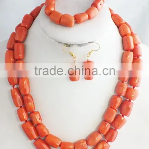 China Factory Direct Sale!!! 2 Rows Red Coral Jewelry Set With Necklace Earrings and Bracelet thumbnail-1