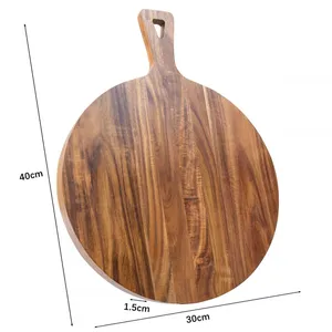In Stock Multi-Function Round Acacia Wood Board Pizza Cutter Plate Steak Tray Thick Chopping Board With Handle for Baking thumbnail-1