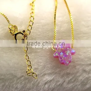 Synthetic 8*10mm Bubble Gum Opal Hamsa Shape 18K Plated Chain 925 Sterling Silver Necklace thumbnail-3