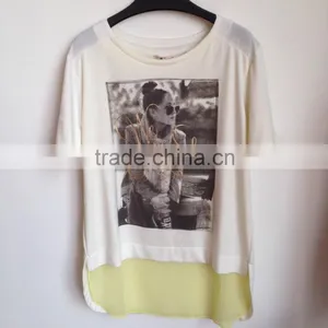 New European Style Fall 2015 Women Designer Fashion O Neck Short Sleeves Summer Printing Latest Chiffon Tops thumbnail-1