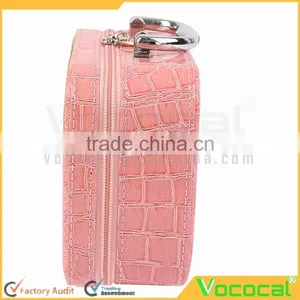 PU Leather Cosmetic Makeup Box Case Toiletry Organizer Storage Handbag With Mirror Crocodile Pattern Pink thumbnail-2