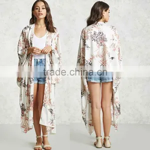New Design Ladies Clothes Floral Print Handkerchief Hem Open Front 3/4 Length Dolman Sleeves Cardigans Floral Kimono Women thumbnail-1