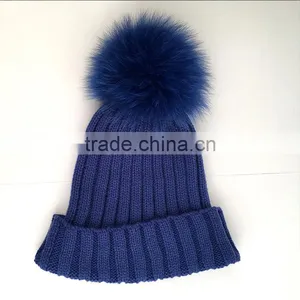 Myfur Royal Blue Classic Style Winter Knit Hat With Fox Fur Pom Pom thumbnail-5