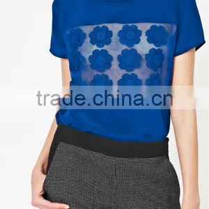 Short Sleeve Silk Blouse Top With Sheer Organza Panel thumbnail-1