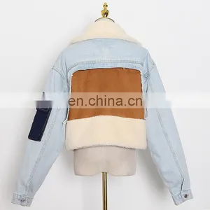 Winter 2020 Women New Fashion Thick Warm Denim Coat Tailored Collar Stitching Contrast Color Lamb Wool Loose-fitting Jacket thumbnail-3