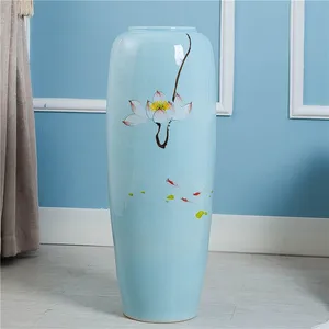 Hand Paint Countryside Style Lotus Flower Large Blue Ceramic Vase Decoration For Wedding Gift thumbnail-4