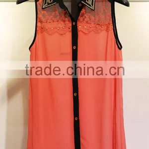 Women's Sleeveless Chiffon Tops With Little Lace thumbnail-1