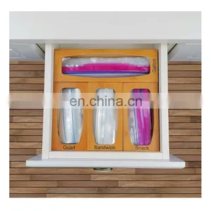 Elegant Kitchen Food Wooden Bamboo Dispenser Customizable High Quality Ziplock Bag Storage Organizer Dispenser For Gallon thumbnail-1