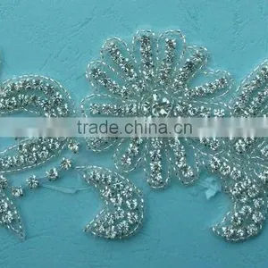 SEQUIN APPLIQUE, SEW ON, GLASS BEADS RHINESTONE PATCH, SILVER COLOR ONE PC thumbnail-1